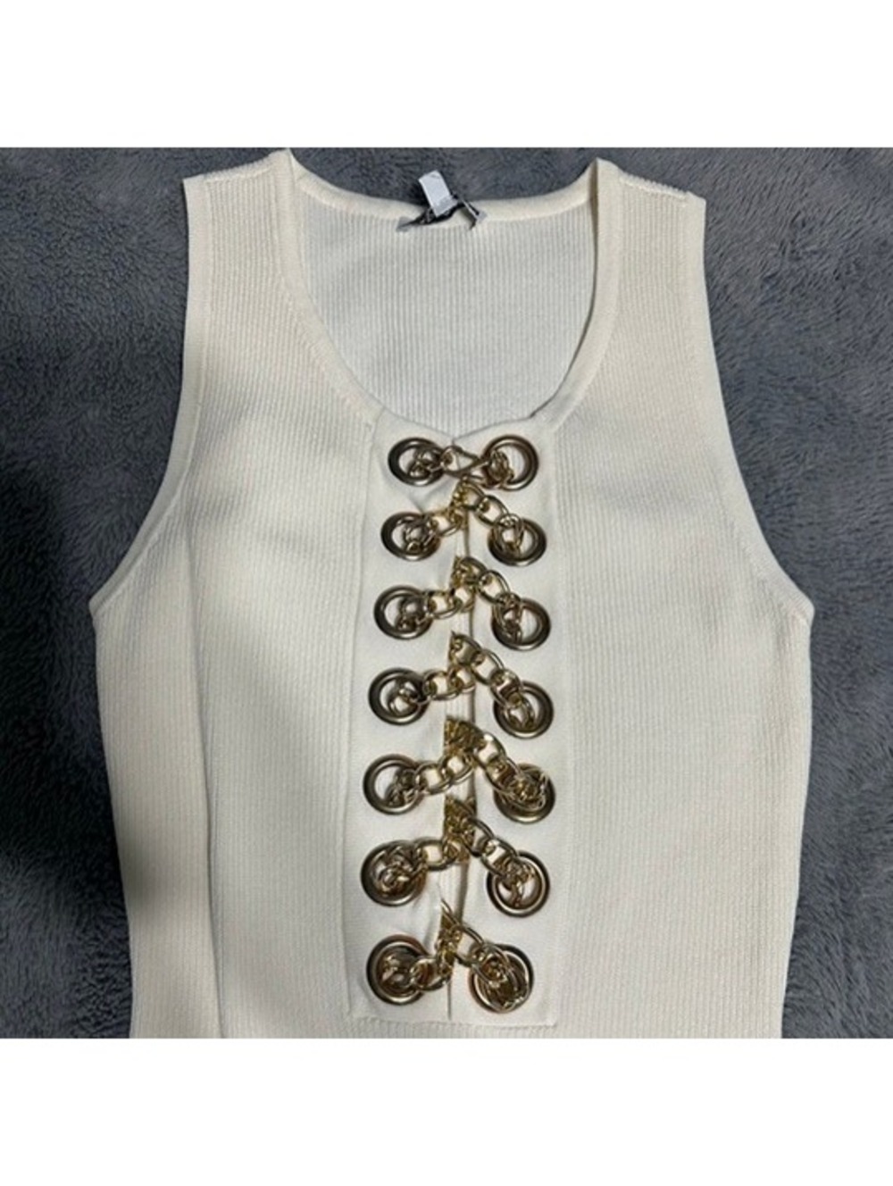 NWT Fashion Nova Ivory Gold Chain Lace Up Sweater Midi Dress M